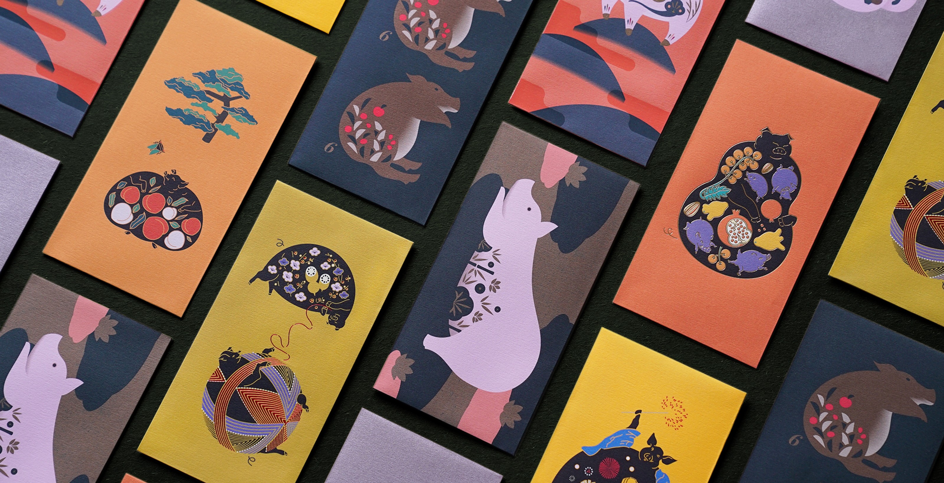 An array of colorful envelopes featuring stylized pig and plant illustrations.