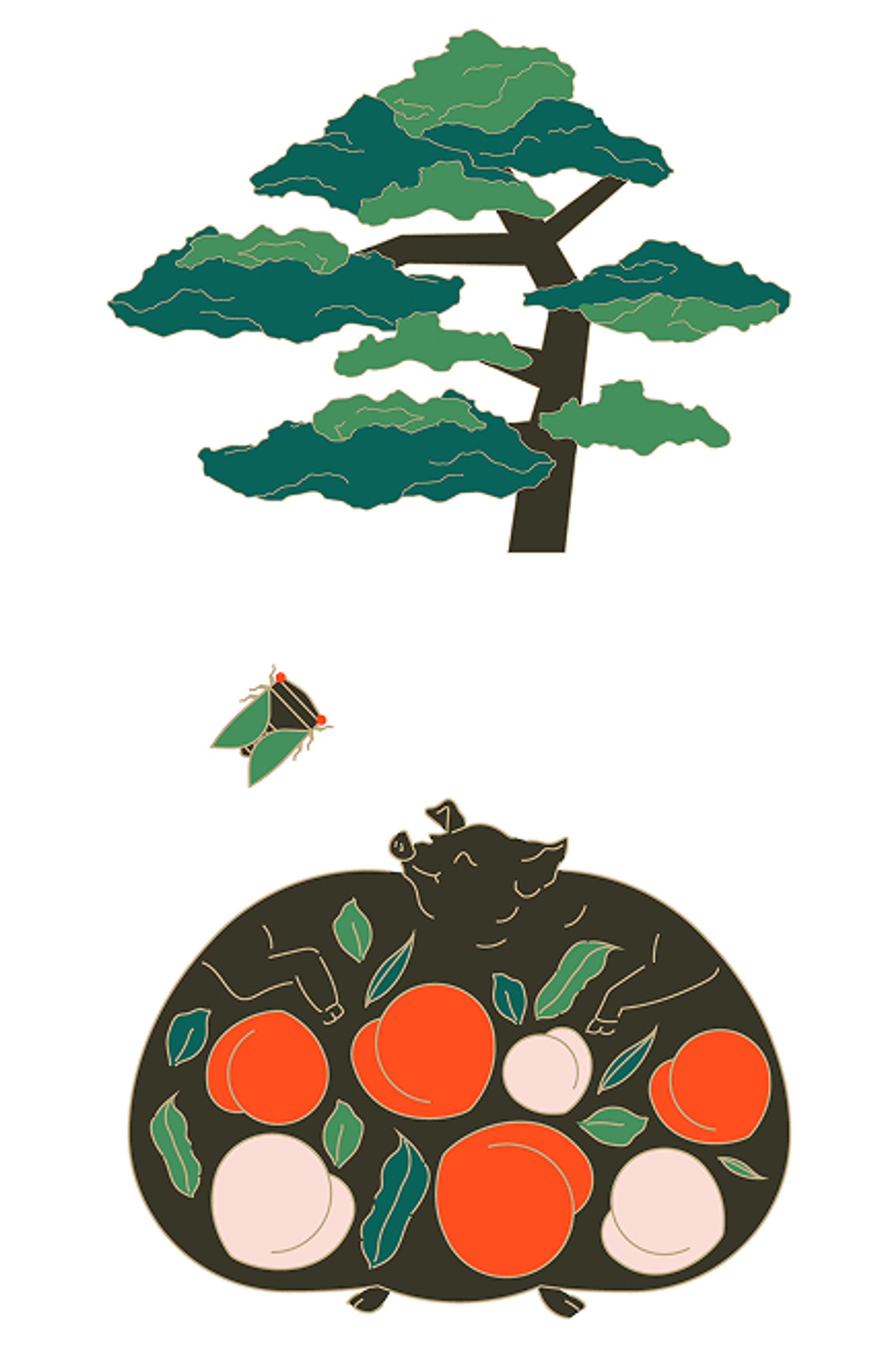 Stylized illustration of a pine tree, a flying cicada, and a pig filled with peaches and leaves.