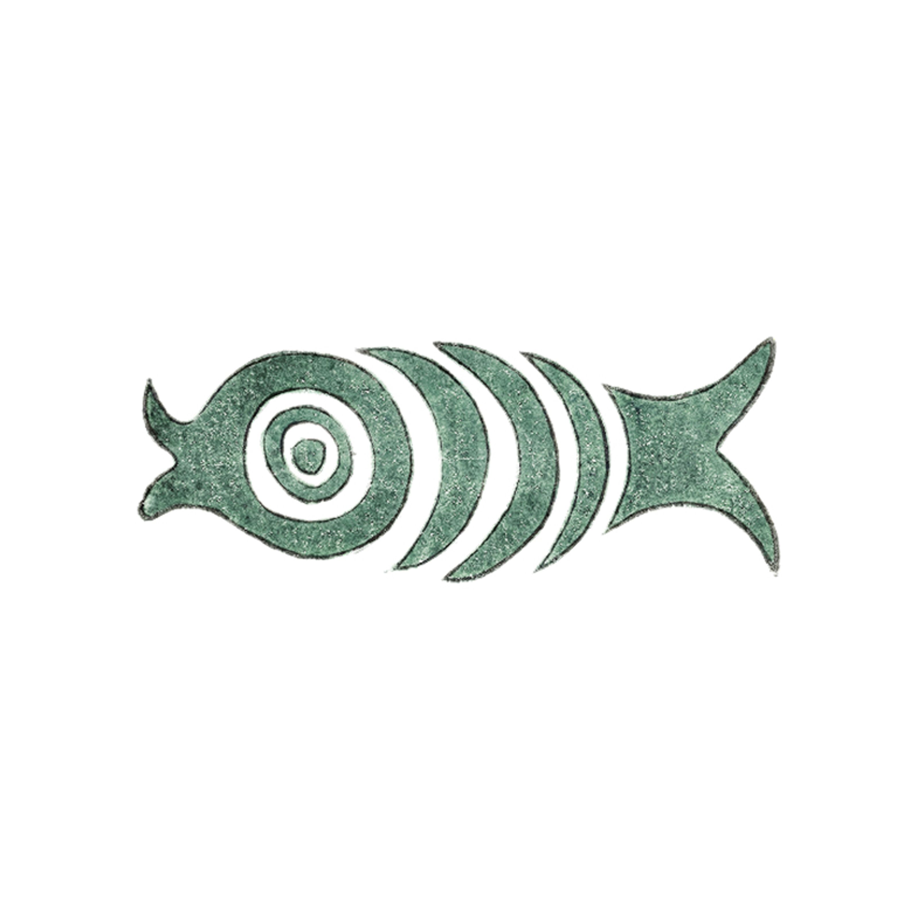 Green stylized fish with spiral eye and segmented body.