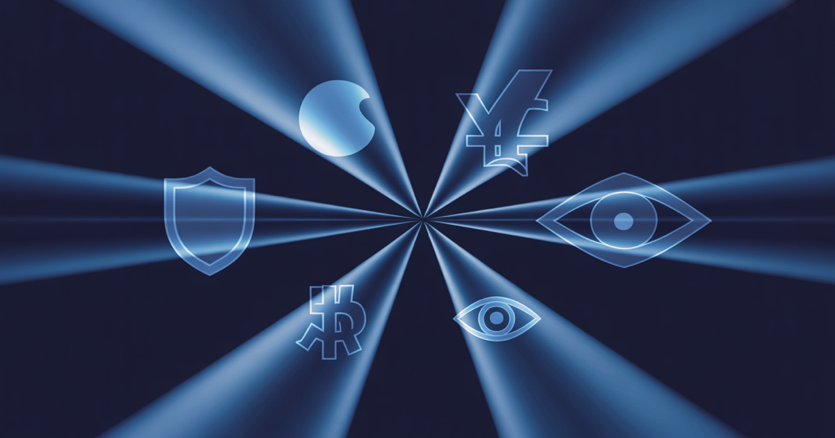 Three converging beams of blue light against dark navy background representing security, pricing, and capability