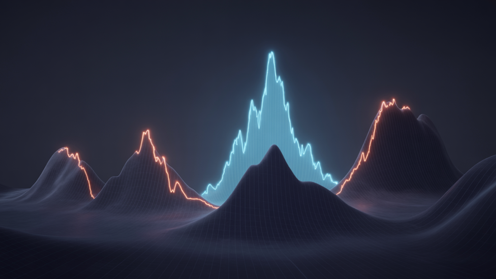 Dark navy chart-like landscape with three glowing data peaks, one rising sharply above the others into a bright zone.