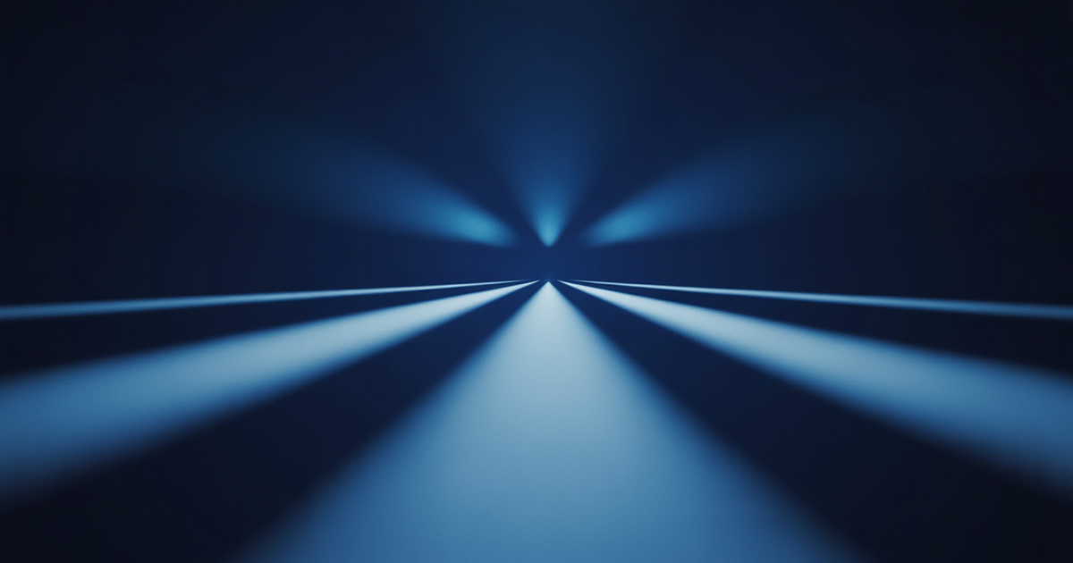Three abstract glowing nodes converging into a single bright focal point against dark navy.