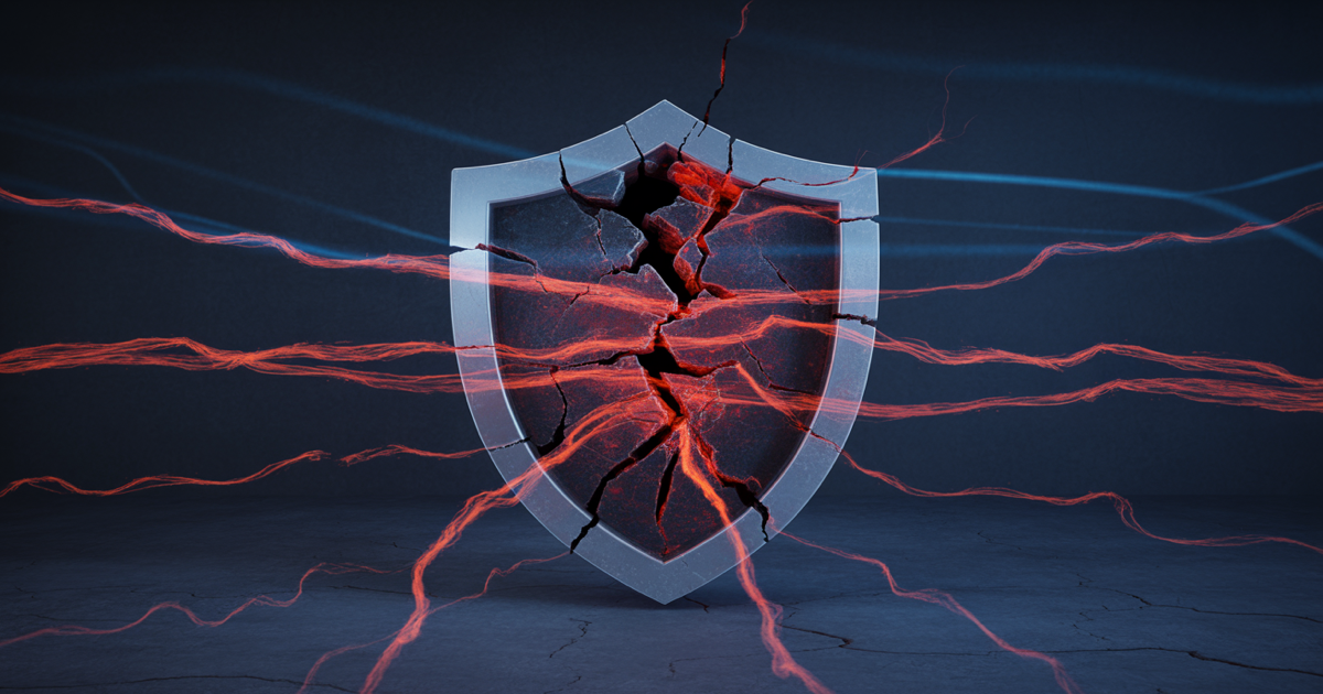 Digital shield with fractures illuminated by blue and red light against dark navy background
