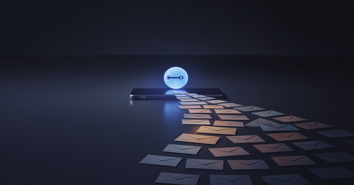 Glowing blue assistant orb hovering over a smartphone, sorting a stream of messages into lit and darkened envelopes
