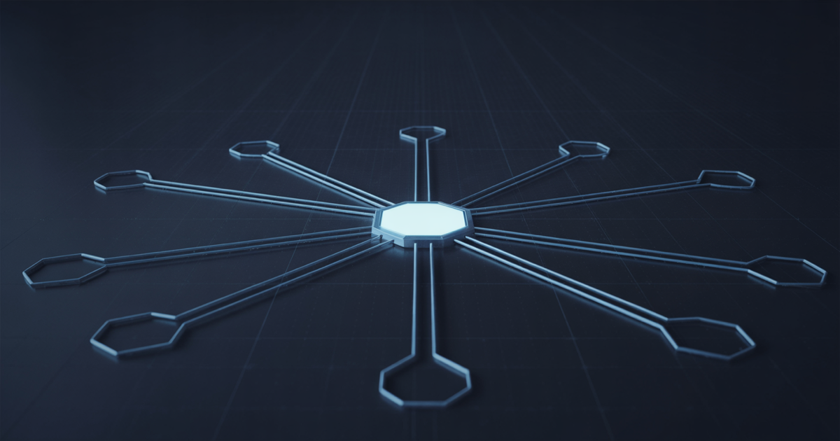 Glowing protocol connection hub with branching pathways against dark navy background