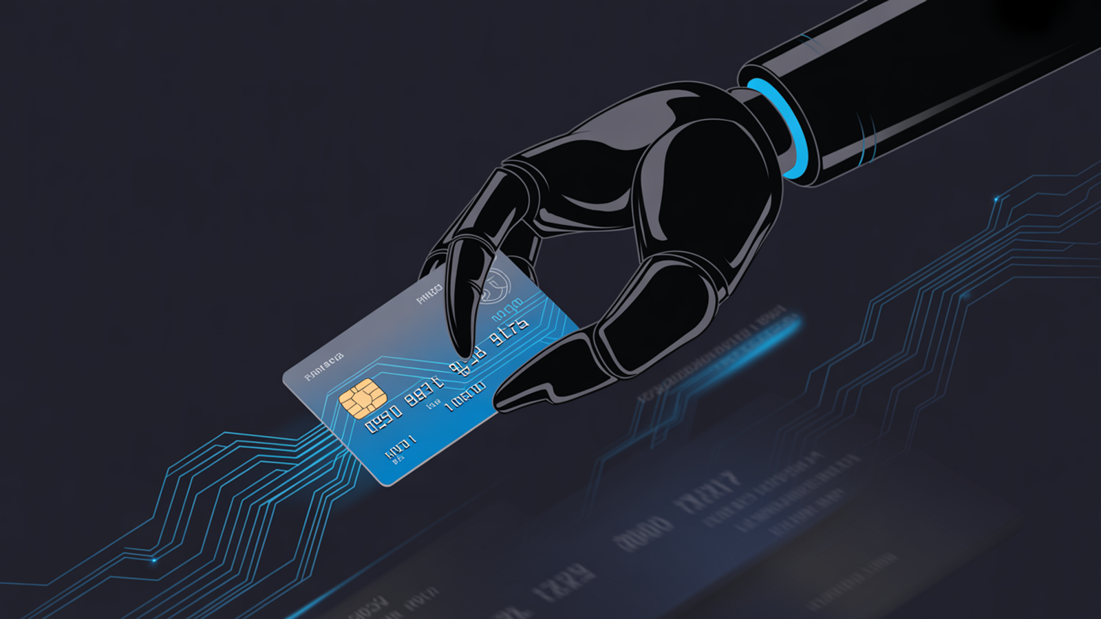 Digital lobster claw gripping a payment card with blue circuit traces on dark navy background