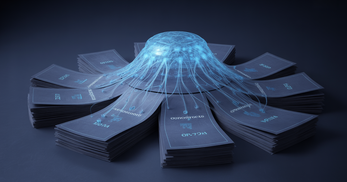 Close-up of a glowing contract page in dark navy, one clause illuminated in blue while the rest fades to shadow