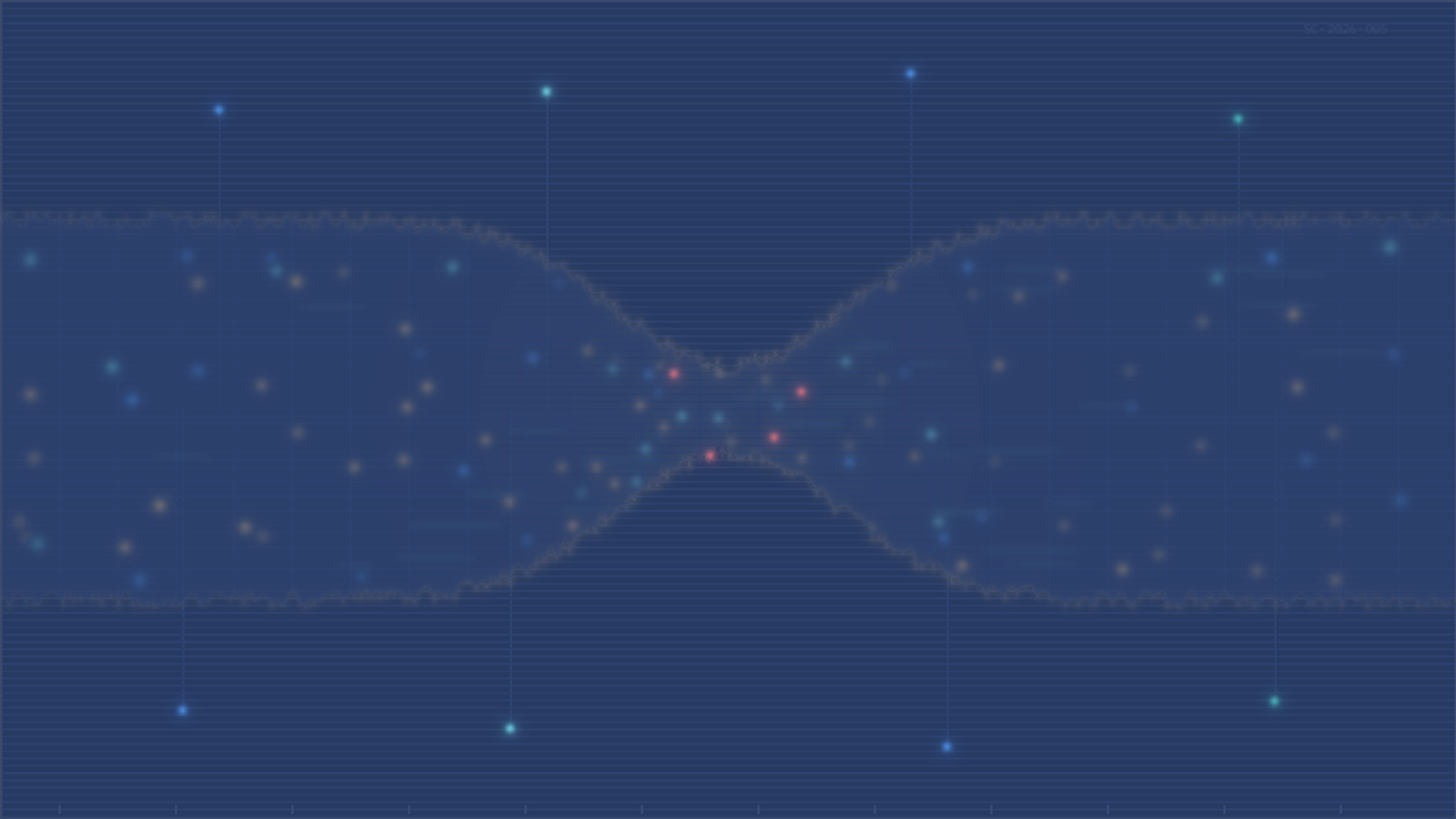 Glowing digital trade route passing through a narrow strait with disruption signals against dark navy background