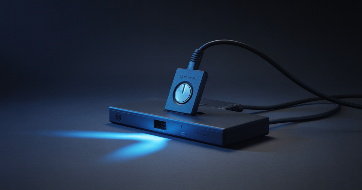 Abstract dark navy scene of a glowing blue power switch flipped off, light draining from a connected node
