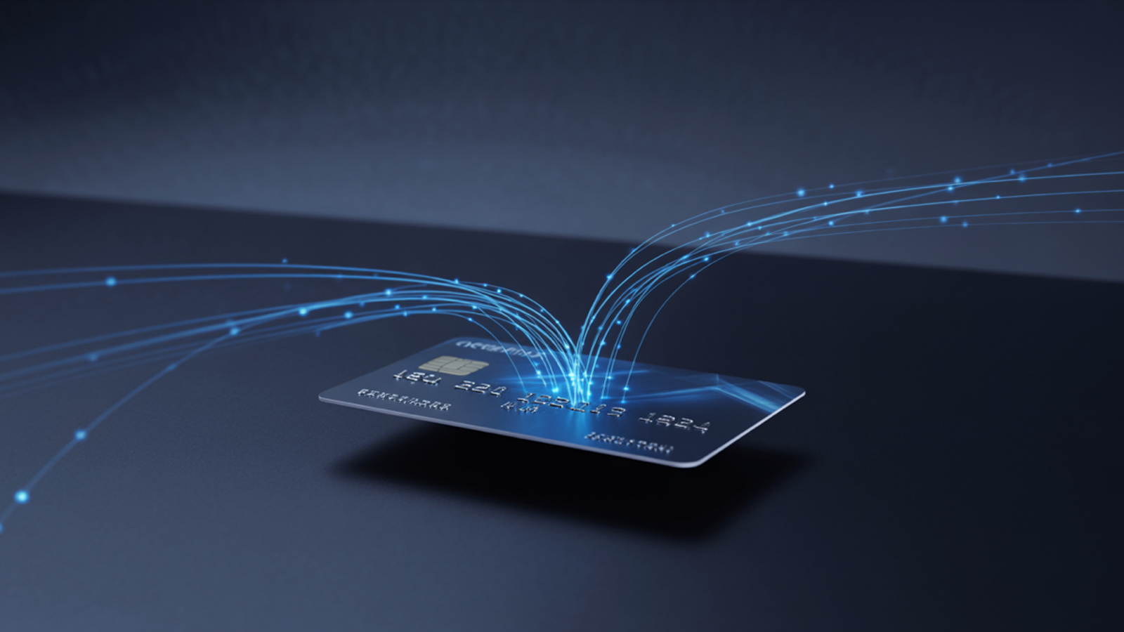 Abstract virtual payment card floating above dark navy surface with blue light streams connecting three distinct nodes