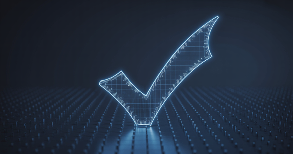 A glowing blue checkmark formed from measurement gridlines hovering over a dark field of data points, one point highlighted