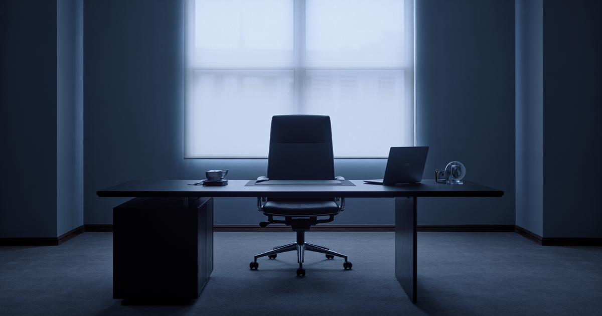 Empty executive corner-office chair behind a large desk lit by cold blue window light against dark navy
