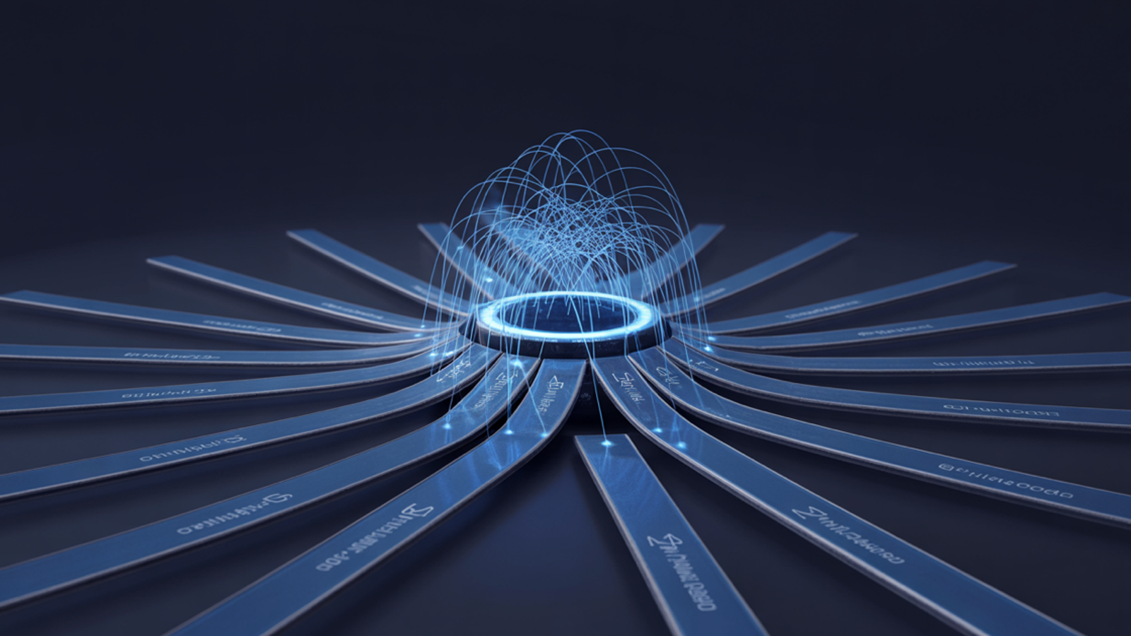 Abstract payment routing pathways converging through a central orchestration node with blue light on dark navy background