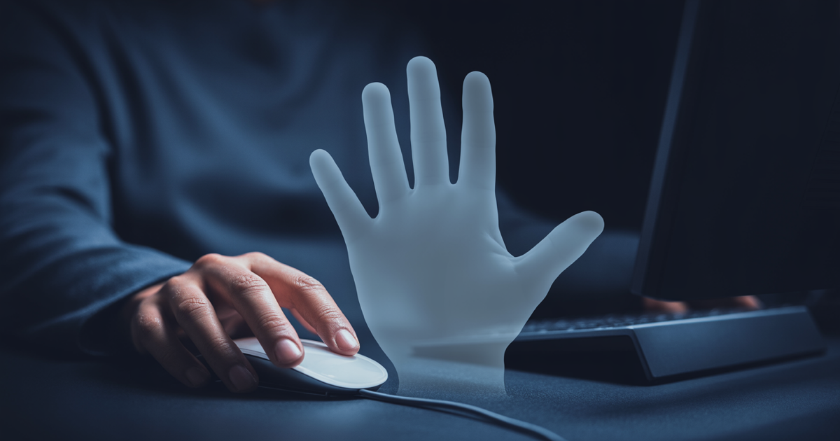 A human hand resting on a computer mouse in near darkness, a faint blue translucent second hand overlaid on it, dark navy background