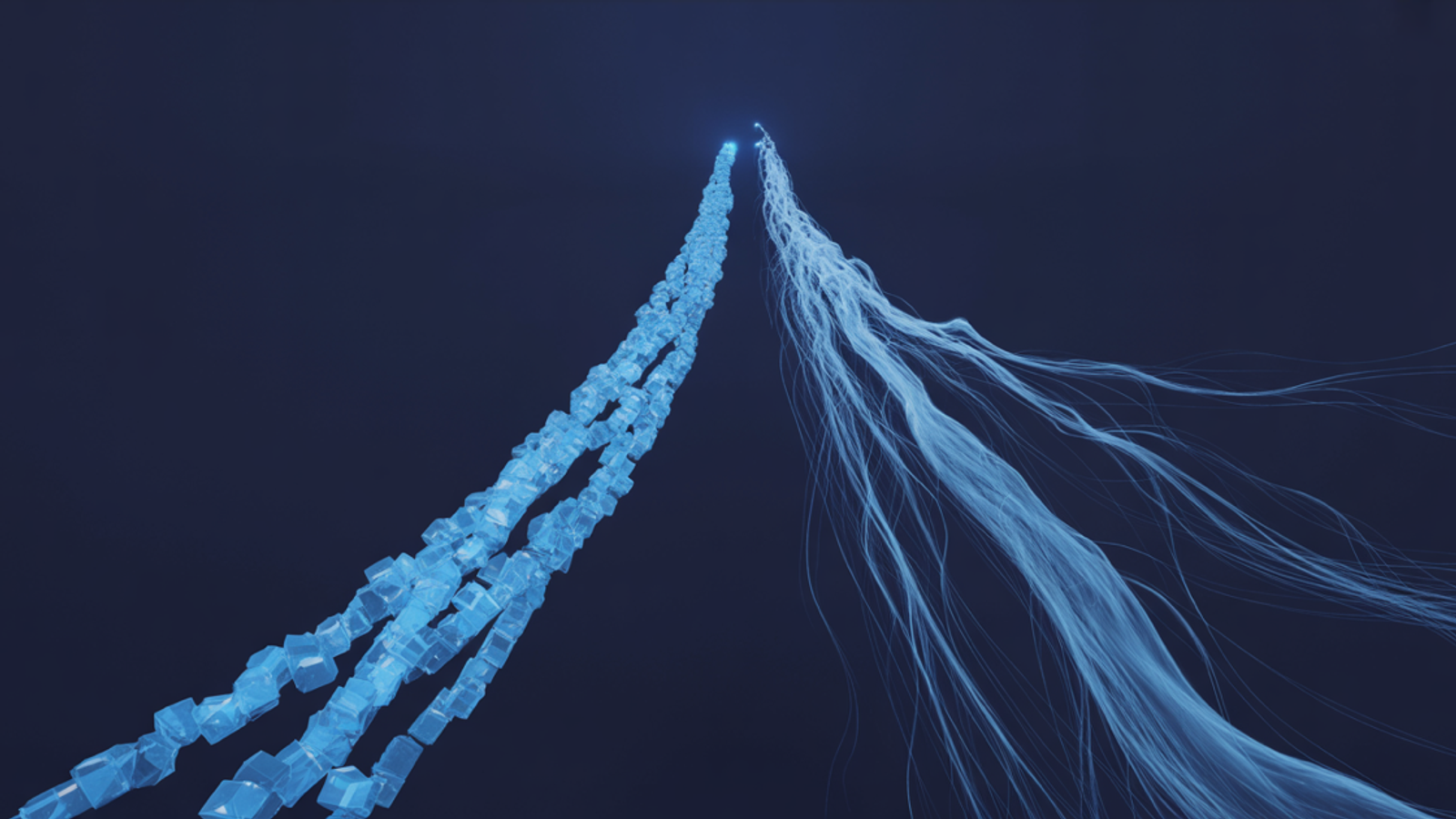 Dark navy abstract composition with two diverging blue light streams converging on a single shape