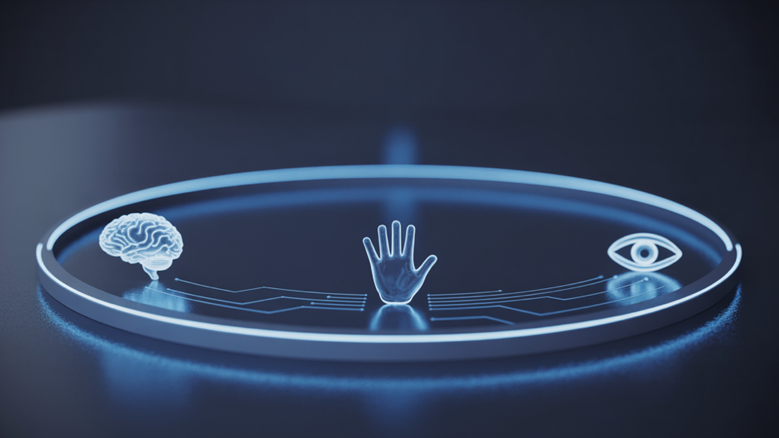 Glowing blue ring with three glass icons, a brain, an open hand and an eye, on a dark navy background