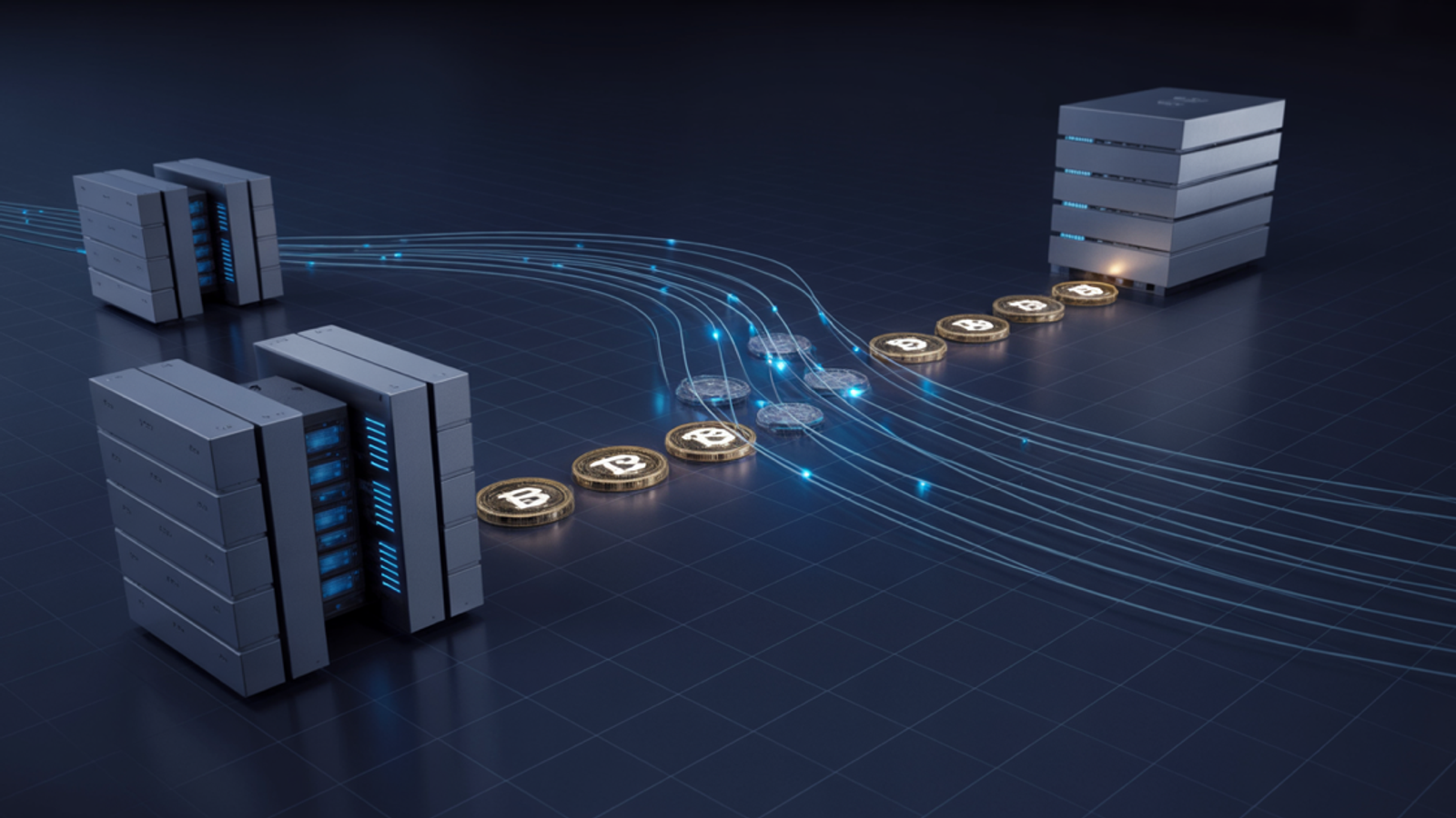 Abstract digital pipeline of stablecoin payments flowing between two enterprise data centers against dark navy background