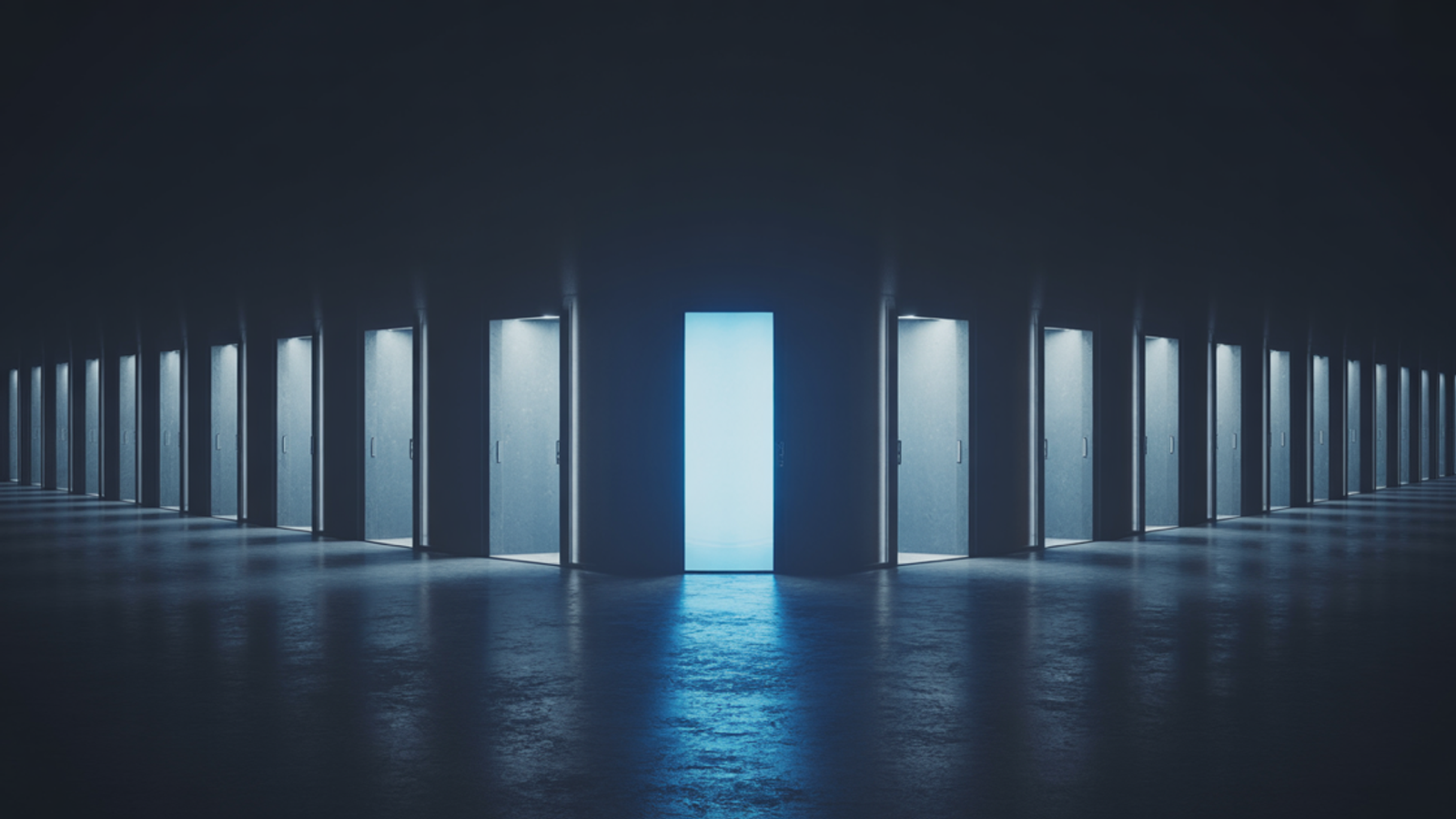A single bright doorway of light among many dim identical doorways on a dark navy background