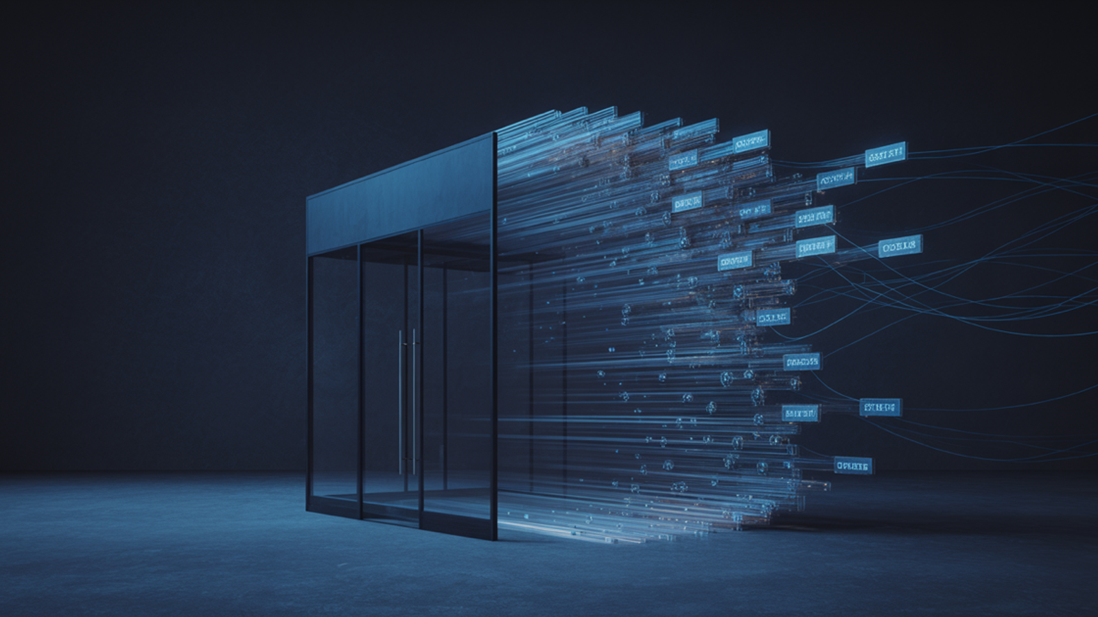 Abstract visualization of a digital commerce interface with interconnected nodes and flowing data streams against a dark navy background with blue accent lighting, representing AI-powered conversational commerce.