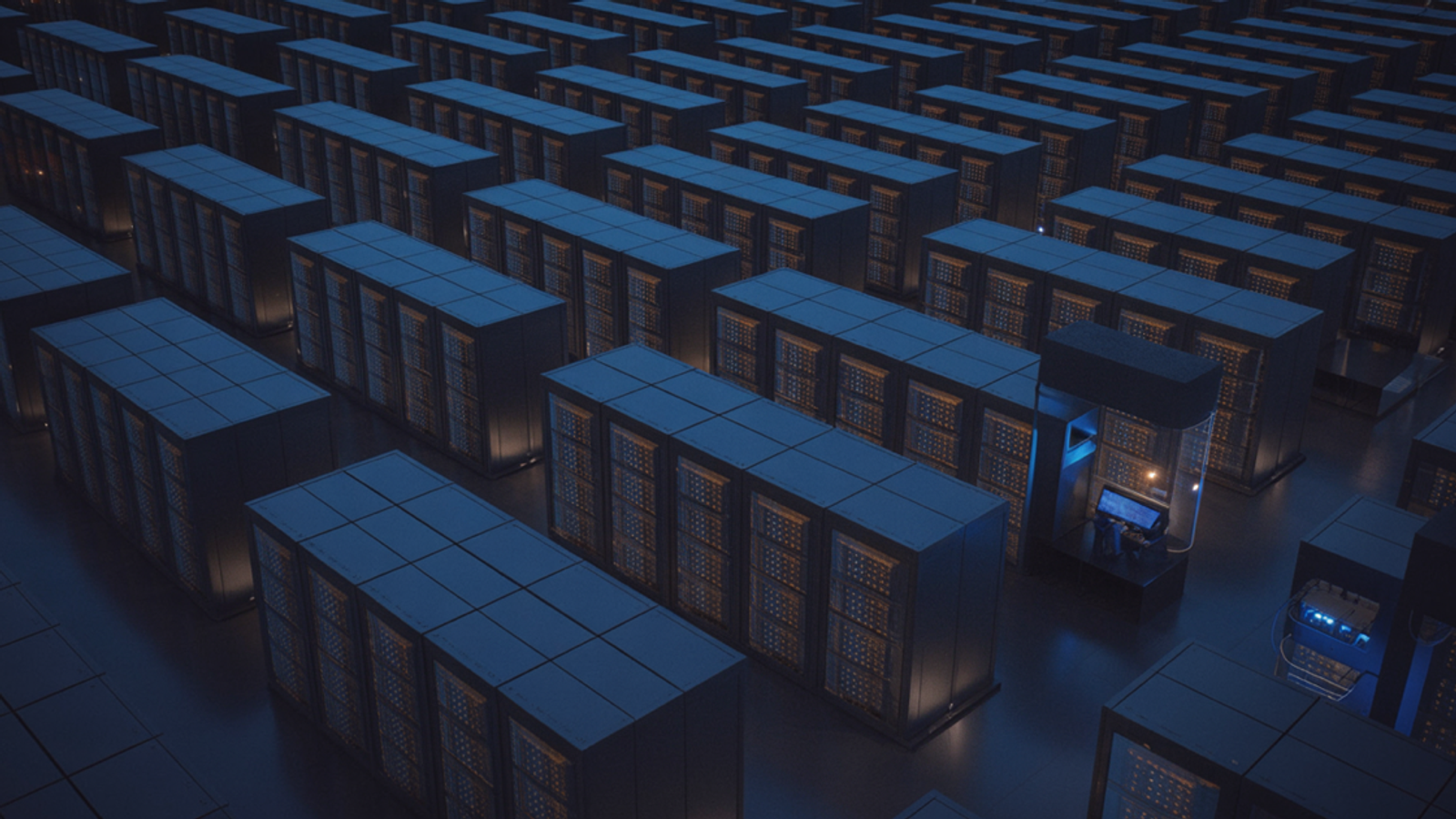 Abstract massive data center facility with rows of GPU racks glowing under blue light against dark navy background