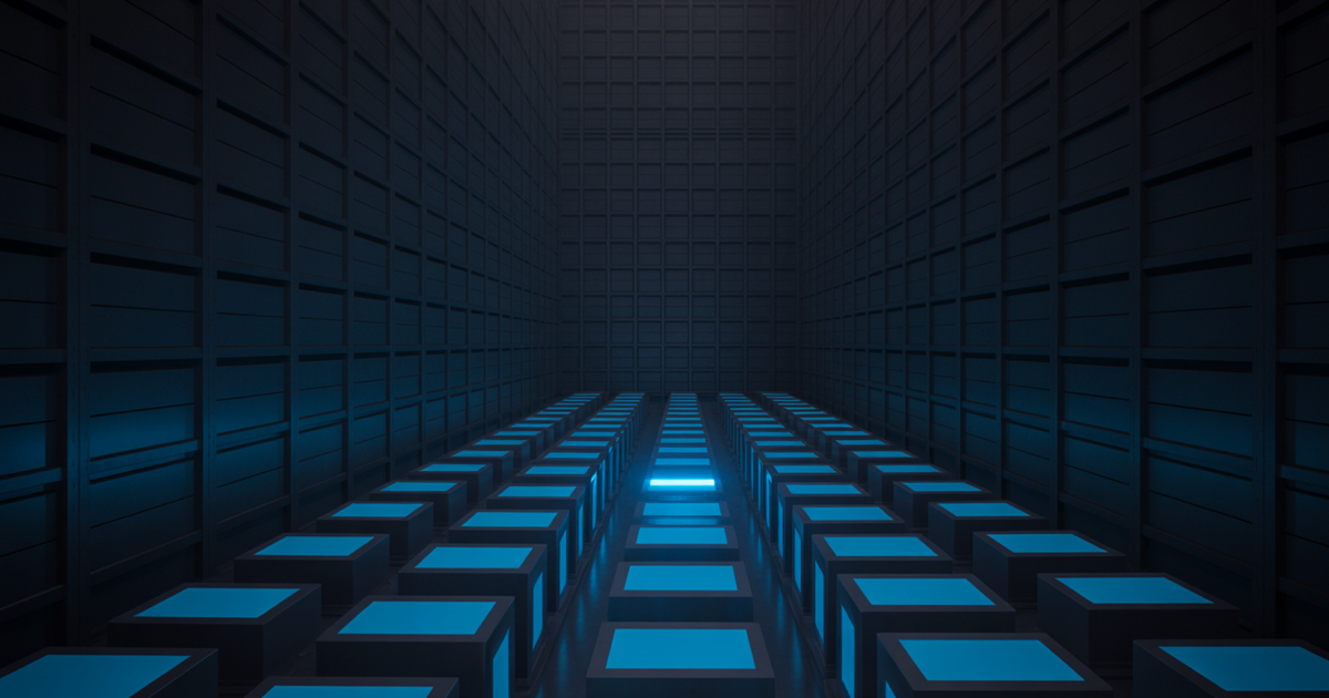 Glowing blue data columns descending into a vast dark archive vault, one column highlighted, dark navy background