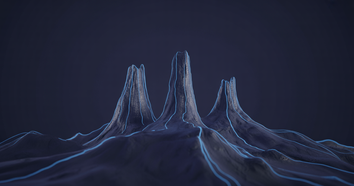 Three distinct abstract geometric shapes glowing blue against dark navy, representing three vertical market zones.