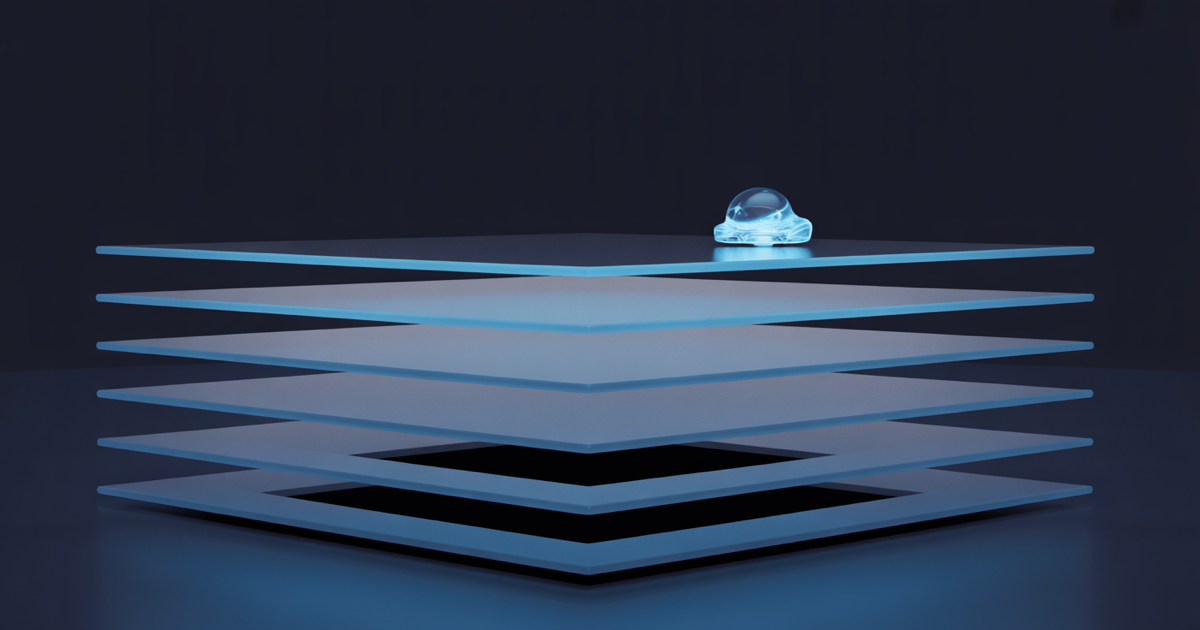 A stack of translucent platform layers in blue with one lower layer dark and empty, a single glowing agent node on the top surface, dark navy background.
