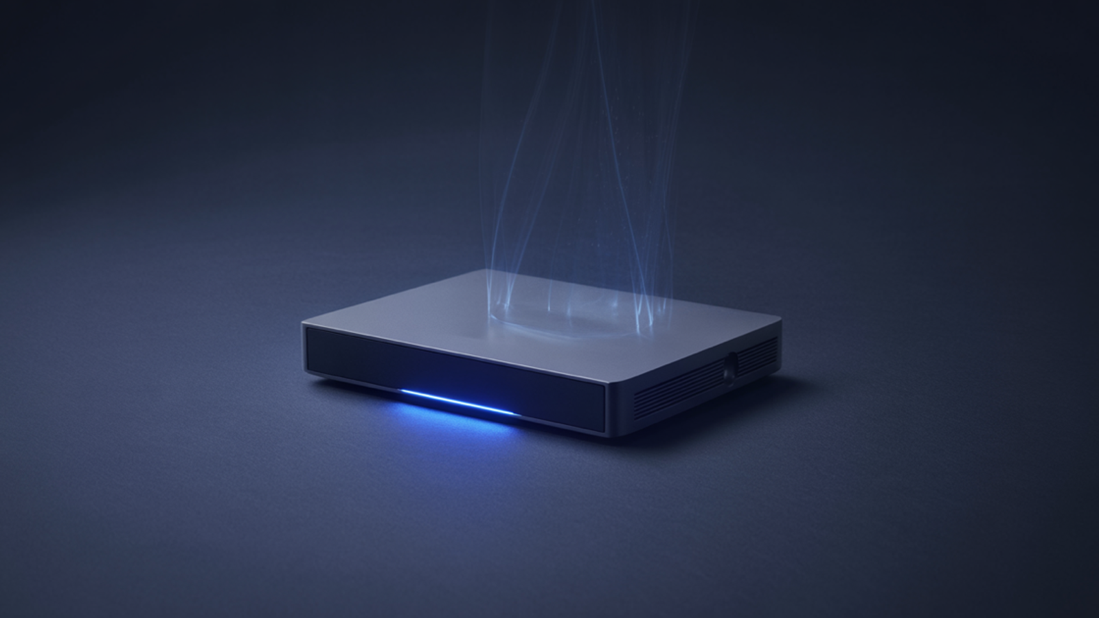 Abstract glowing blue desktop device emitting light against a dark navy background, suggesting on-device computing power