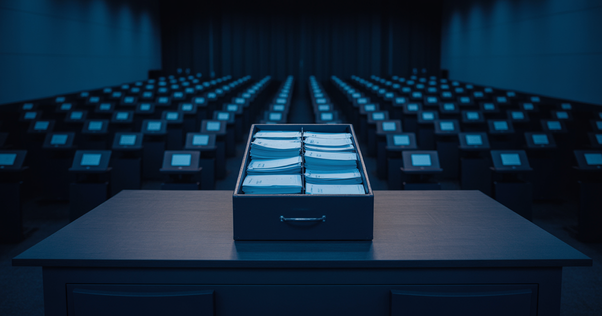 Rows of small glowing blue terminals in a dark conference hall, one raised red flag among them, an unattended empty desk at the front