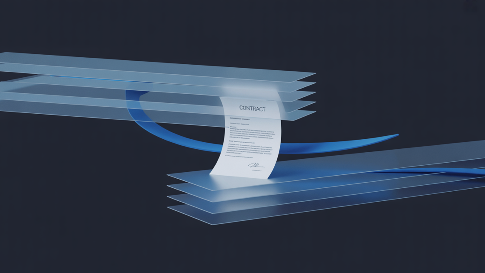 Abstract layered blue infrastructure planes converging into a single contract icon against dark navy background