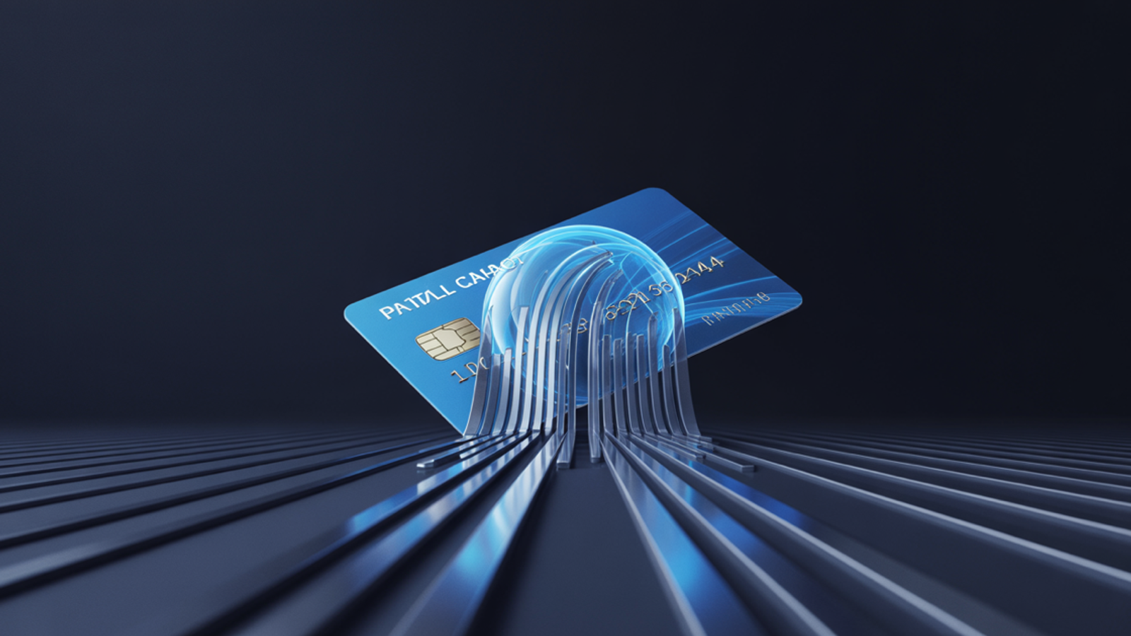 Abstract payment card dissolving into blue light along converging metallic rails on a dark navy background