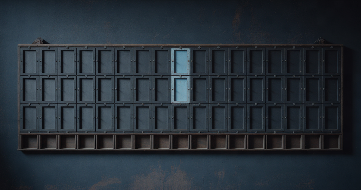 An old mechanical split-flap scoreboard on a dark wall, every tile blank and dark except two lit with a soft blue glow