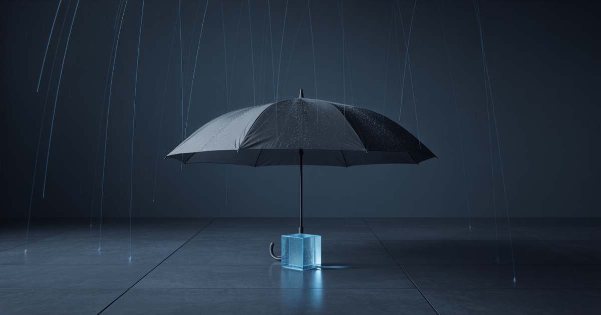 A single dark umbrella open over a small glowing blue cube on an otherwise empty dark floor, rain of faint blue light around it, dark navy background