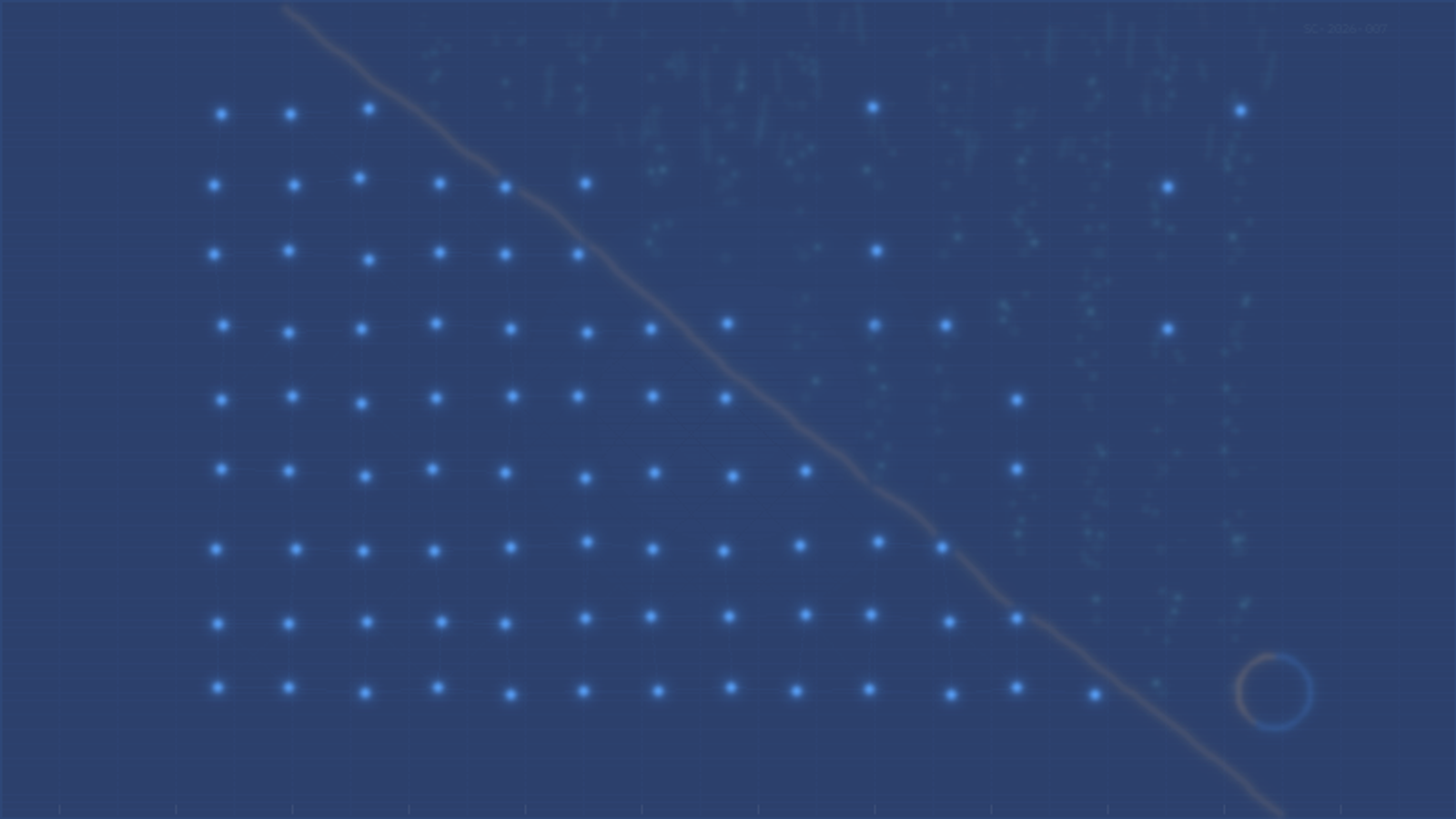 Fractured office building with glowing AI circuitry visible through the cracks against dark navy background