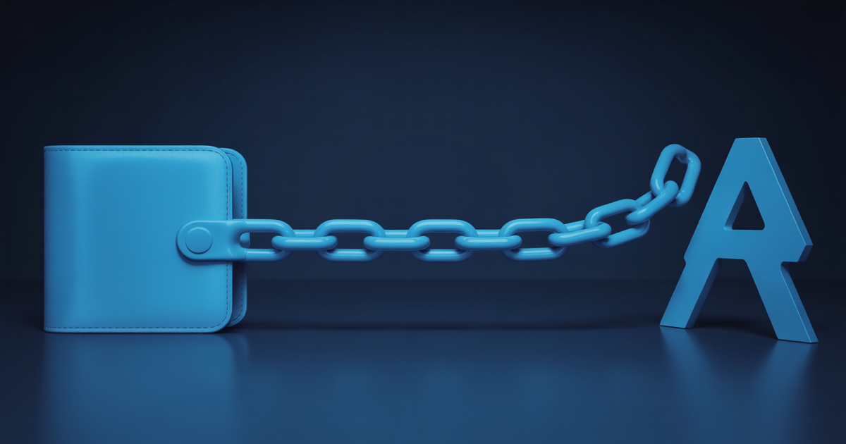Glowing blue chain of identity links anchored to a wallet shape, final link toward an abstract agent left open, dark navy background