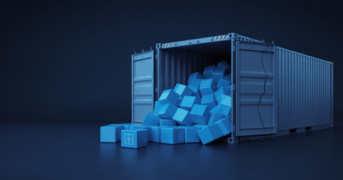 Cracked-open shipping container of glowing blue software packages spilling into darkness, one marked with a warning glyph, dark navy background