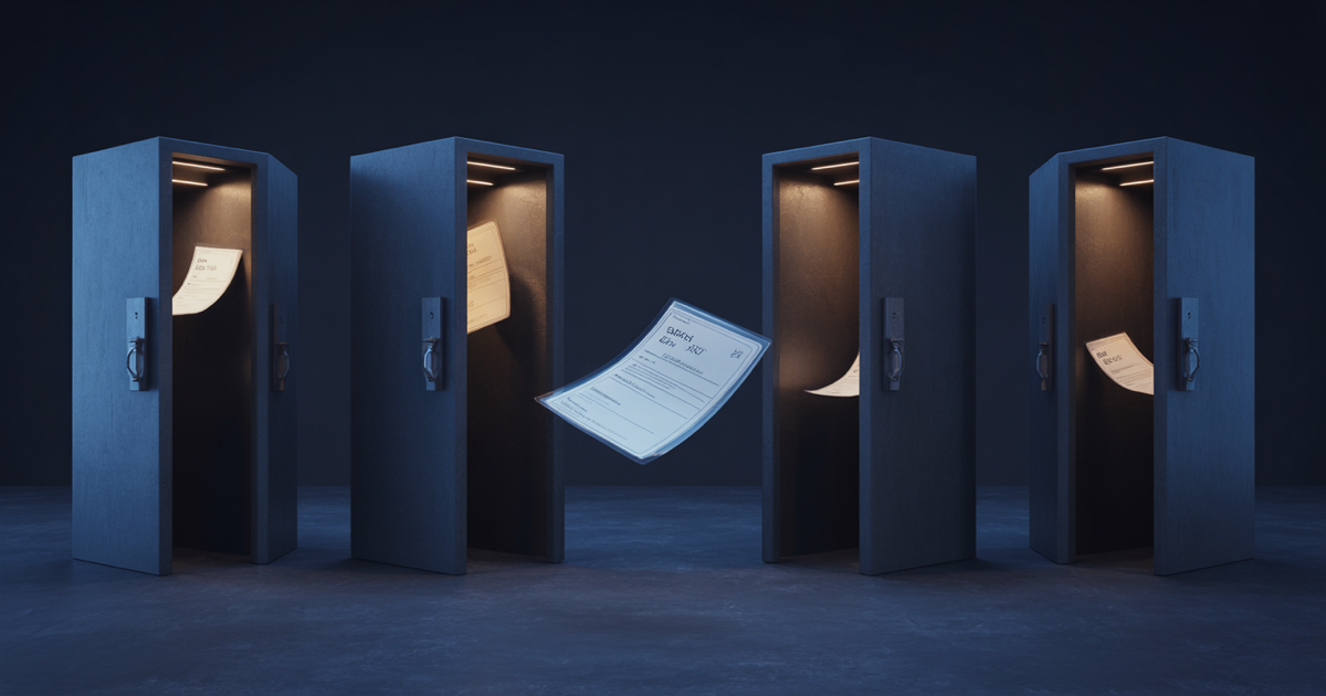 One glowing signed document passing between dark network walls while sealed vaults hold the rest, dark navy background