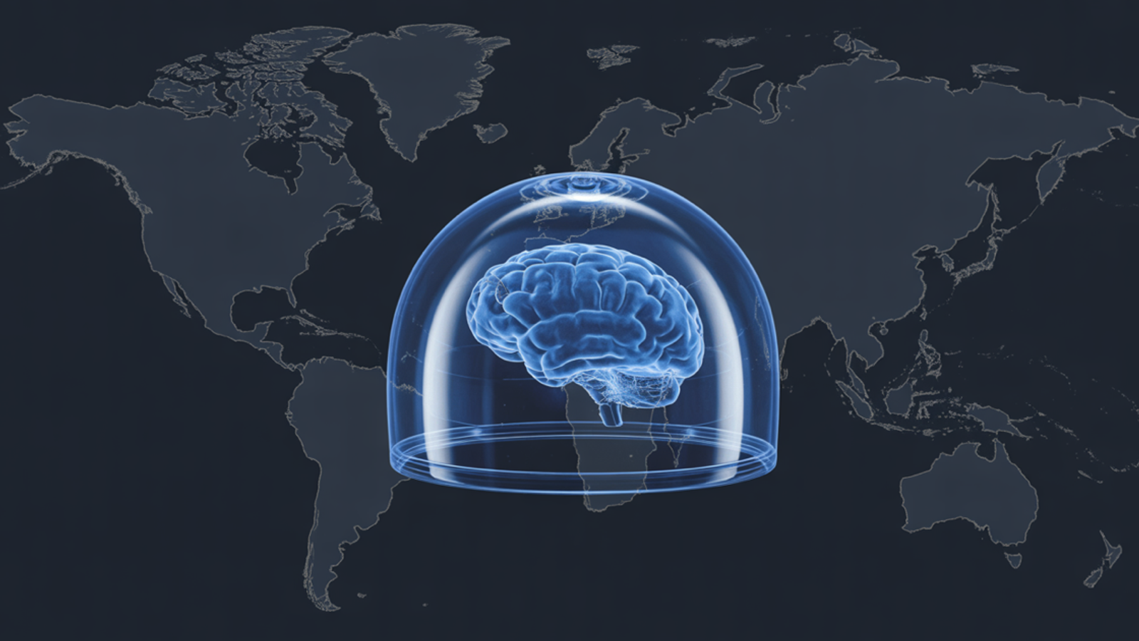 A glowing blue brain enclosed in a protective translucent dome over a faint world map on a dark navy background