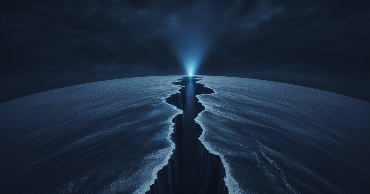 Abstract divided map of Europe in dark navy with a severed blue light connection breaking across the Atlantic