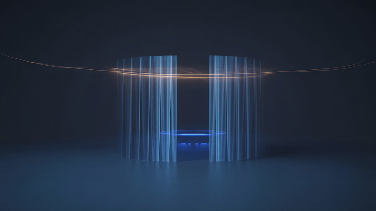 Abstract glowing blue identity gate or scanned outline of a face dissolving into light against a dark navy background