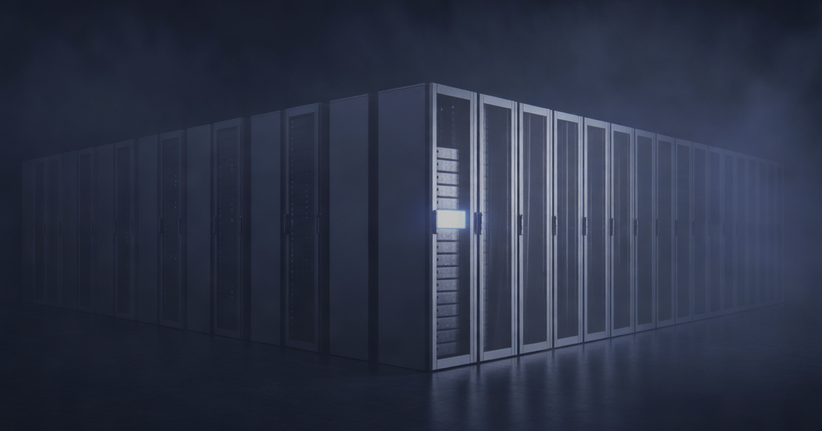 Rows of identical bare metal server racks in a dark hall, one rack lit from inside with a soft blue glow, the rest in shadow