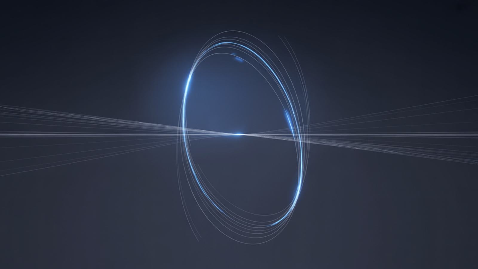Abstract dark navy scene with a controlled luminous aperture bounding a stream of blue light passing through it, evoking a spend limit