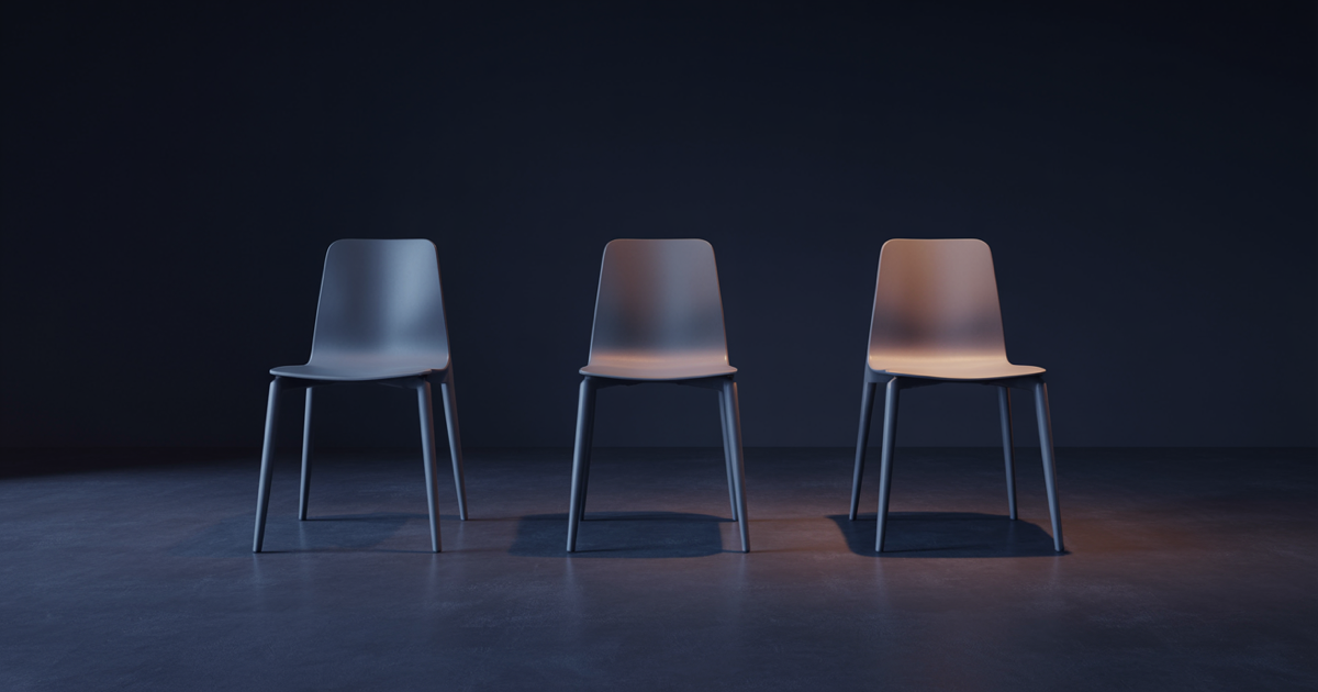 Three empty glowing blue chairs in a row on a dark stage, the middle one lit differently, dark navy background