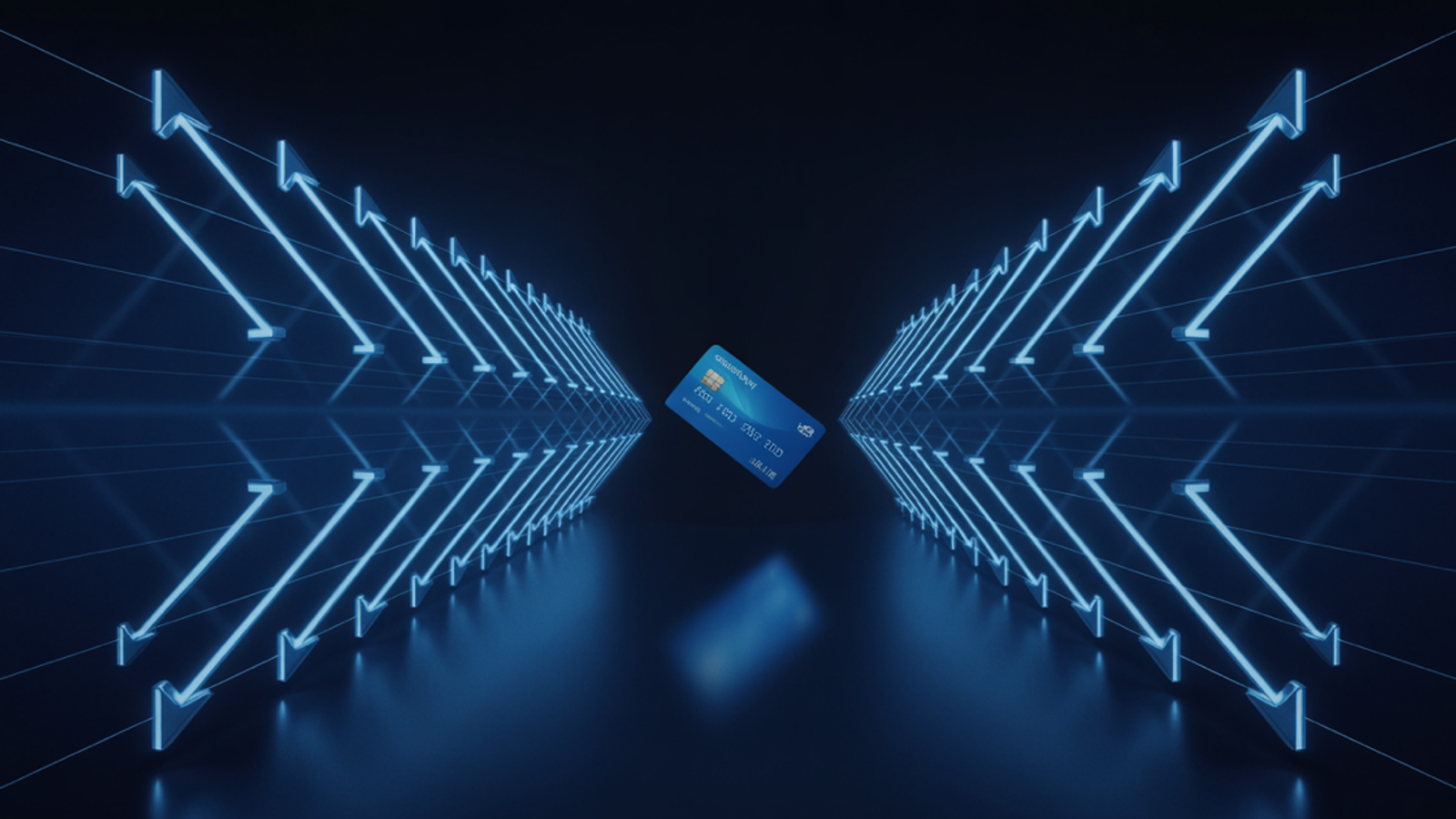Two arrays of blue arrows converging on a single floating bank card on a dark navy background