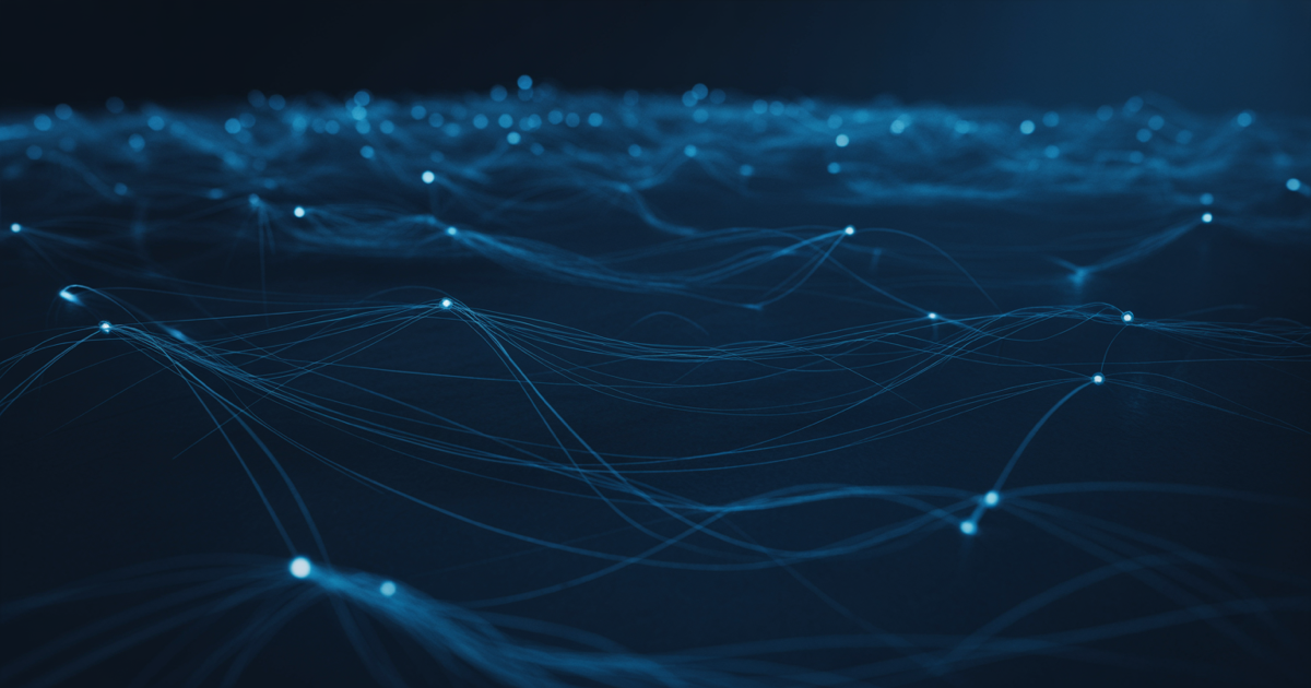 Dense network of blue light nodes connected in darkness, with several connection lines dissolving mid-path