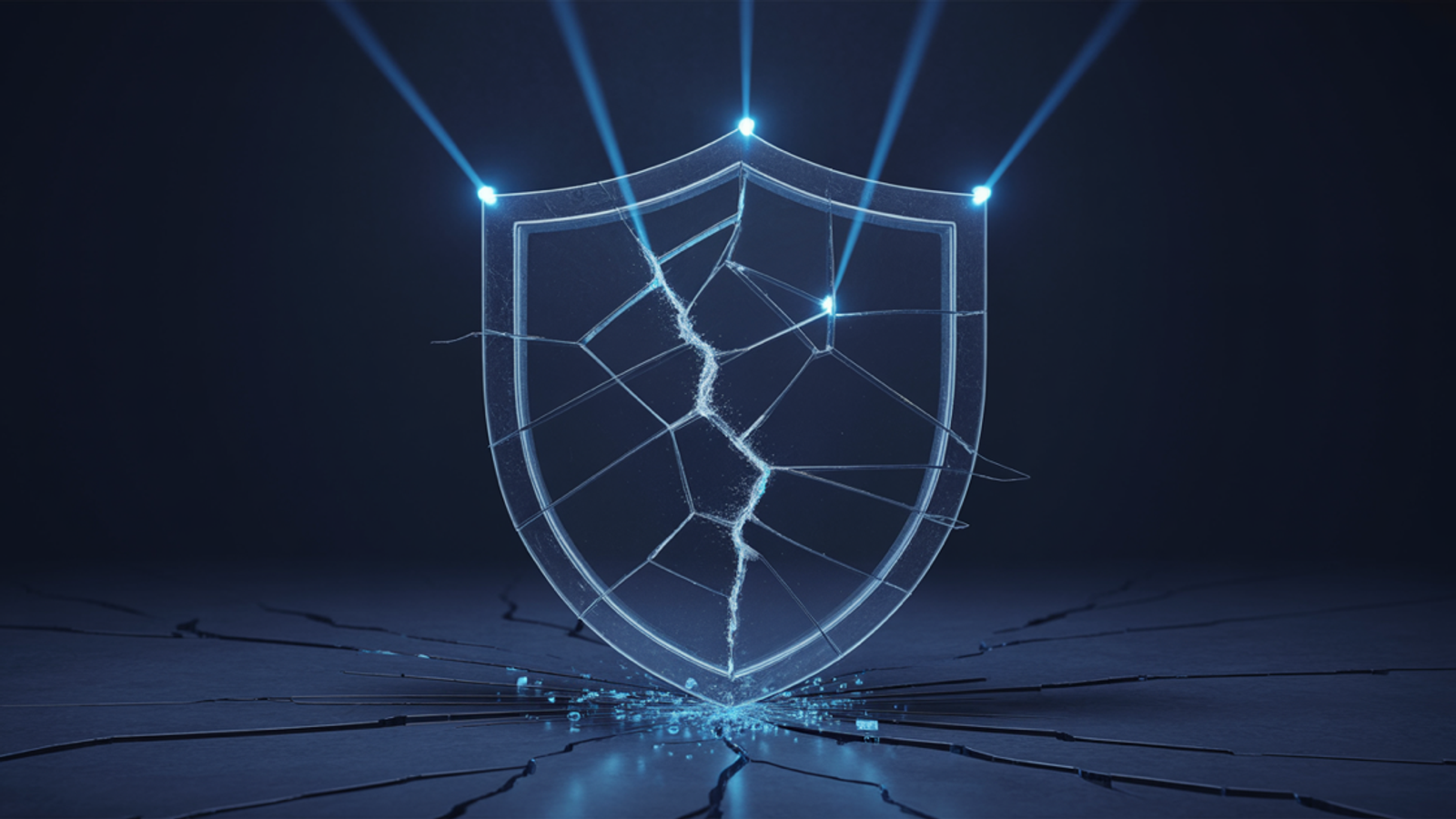 Abstract geometric shield fracturing into data streams against dark navy background with blue accent lighting, representing a defensive alliance under pressure