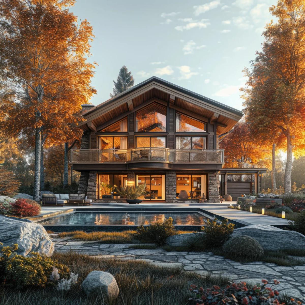 Photorealistic house with wooden architecture and timber structure