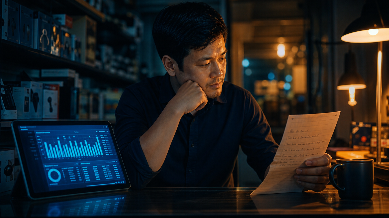 Chủ doanh nghiệp SME Việt Nam đứng giữa dữ liệu dashboard và insight từ nhân viên bán hàng