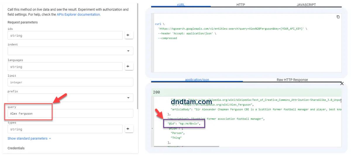 Test truy vấn Alex Ferguson bằng Knowledge Graph của Google thông qua API