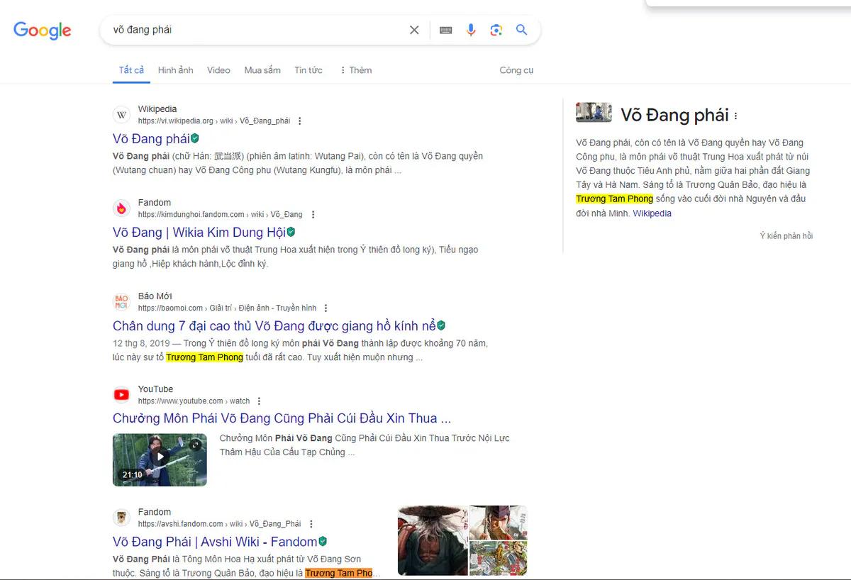 ví dụ minh họa trang SERP của Võ Đang Phái nhắc đến thực thể Trương Tam Phong